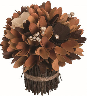 9-Inch Rustic Brown Fall Wood Curl Flower Tabletop Bouquet with Twig Stems, Burlap Tie, Berries