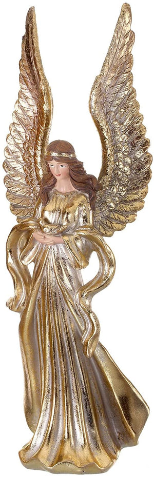 12-Inch Elegant Gold Christmas Angel Figurine Holding Bird Decoration w/ Wings, Robe and Halo – Decorative Table Mantel Shelf Classic Traditional Figure Xmas Winter Home Decor Statue