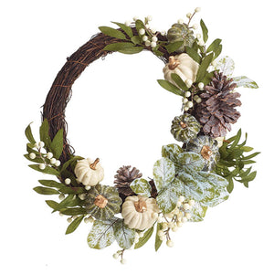 13-Inch Elegant Fall Wreath with Frosted Pumpkins and Pinecones – Hanging Autumn Decoration