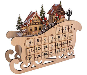 LED Lighted Wooden Bavarian Sleigh Advent Calendar - Christmas Decoration with 24 Storage Drawers