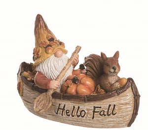 Rustic Woodland Character Gnome and Squirrel Figurines in Canoe with Hello Fall Saying