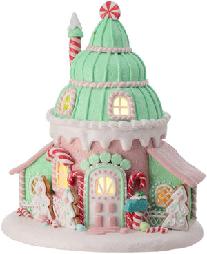 10-Inch LED Light Up Pastel Faux Gingerbread Ice Cream Cone House Tabletop Decoration with Timer, Glitter, Candy Cane Frosting – Prebuilt Lighted Decorative Winter Party Home Decor
