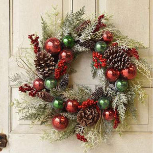 24-Inch Red and Green Christmas Ornament Snow Flocked Artificial Pine Berry Front Door Wreath - Indoor Outdoor Decorative Shatterproof Ball Festive Xmas Holiday Decoration for Home Decor