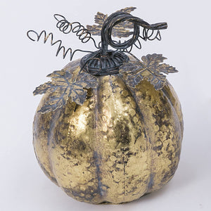 11-Inch Rustic Gold Metal Tall Decorative Harvest Fall Pumpkin Figurine with Leaf and Vine Accents