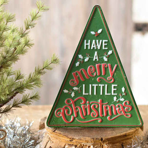 12-Inch Rustic Green Red White Metal Merry Christmas Slogan Sign - Country Farmhouse Indoor Outdoor Decoration - Vintage Tree Shaped Wall or Door Hanging or Tabletop Plaque Home Decor