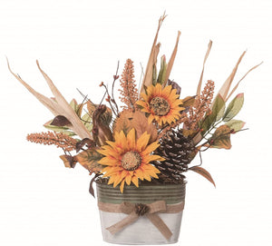 Rustic Yellow Sunflower, Pine Cone and Fall Leaves Floral Arrangement in Decorative Flower Pot