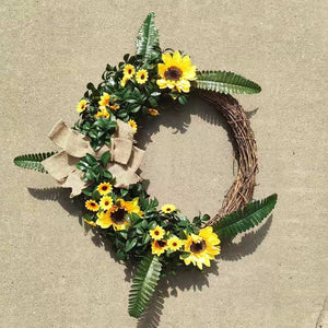 20-Inch Rustic Yellow Faux Sunflower Grapevine Front Door Wreath with Greenery and Burlap Bow