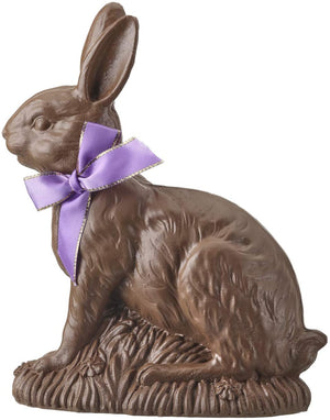 7-Inch Resin Faux Chocolate Bunny Figurine with Purple Ribbon – Tabletop Easter Decoration – Spring Home Decor
