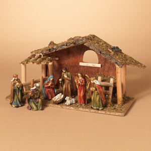 Traditional Christmas Nativity Scene with Mossy Wooden Creche - Tabletop Holiday Decoration, Set of 8 Figures