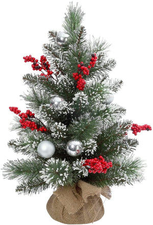 24-Inch Snowy Artificial Faux Pine Mini Tabletop Christmas Tree w/ Red Berries and Silver & White Ball Ornaments – Small Decorative Indoor Decoration – Winter Xmas Mantel Home Decor