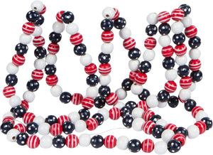 9 Foot Decorative Red White and Blue Wood Bead Garland with Dots and Stripes – Vintage Patriotic July 4th Decoration Rustic Americana Home Décor