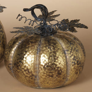10-Inch Rustic Gold Metal Short Decorative Harvest Fall Pumpkin Figurine with Leaf and Vine Accents