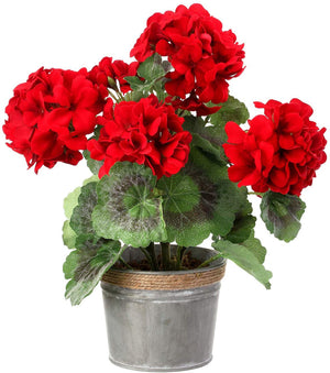 Red Faux Geranium in Rustic Tin Pot – Tabletop Spring Decoration