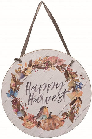 9-Inch Rustic Hanging Wooden Happy Harvest Fall Welcome Sign with Colorful Wreath Design