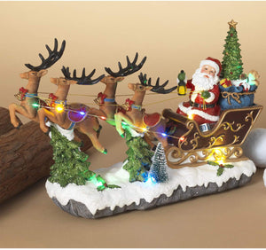 10-Inch Vintage Lighted Musical Santa Riding Sleigh with Reindeer Figurine - Light Up Christmas Decoration - Tabletop Winter Home Decor