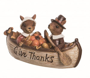 Rustic Woodland Character Fall Squirrel Figurines in Canoe with Give Thanks Saying