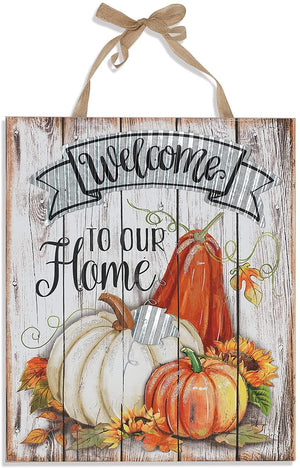 White Distressed Wood Harvest Pumpkin Welcome to Our Home Sign with Corrugated Metal Accents - Rustic Fall, Thanksgiving Front Door Decoration - Country Farmhouse Wall Art Home Decor
