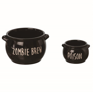 Set of 2 Black Ceramic Witch's Cauldron Zombie Brew Halloween Chip Dip Bowls