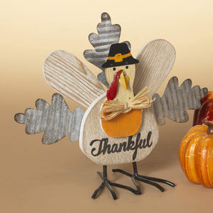 8.5-Inch Corrugated Metal Thankful Sign Wood Turkey Figurine - Rustic Thanksgiving Tabletop Decoration for Desk, Mantel, Kitchen Counter - Fall Country Harvest Autumn Indoor Home Decor