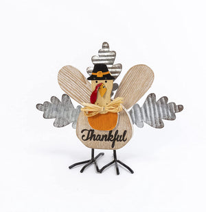 8.5-Inch Corrugated Metal Thankful Sign Wood Turkey Figurine - Rustic Thanksgiving Tabletop Decoration for Desk, Mantel, Kitchen Counter - Fall Country Harvest Autumn Indoor Home Decor