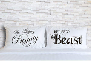 His Sleeping Beauty and Her Sexy Beast Matching Pillowcases for Couples - His and Hers Birthday, Valentines Day, Set of 2 Pillow Covers