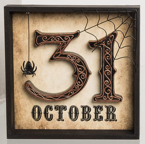 Spooky Vintage Wooden October 31 Halloween Tabletop Block Sign with 3D Spider and Web