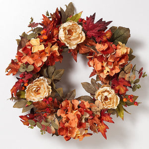 Orchid & Ivy 26-Inch Large Floral Harvest Front Door Wreath with White Cream Roses, Faux Hydrangea, Fall Leaves, Greenery