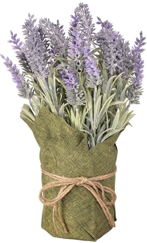12-Inch Rustic Faux Lavender Flower Arrangement Wrapped in Green Burlap with Twine Bow – Tabletop Spring Decoration – Country Farmhouse Home Decor