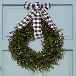 Orchid & Ivy 18-Inch Green Artificial Boxwood Wreath with Black/White Plaid Hanging Ribbon - Outdoor Indoor All-Weather Farmhouse Decor Front Door Wall Hanging Christmas Decoration