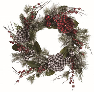24-Inch Plaid Poinsettia Blossom Christmas Wreath w/ Buffalo Check Fabric, Bows, Red Berries – Traditional Festive Winter Front Door Decoration – Rustic Decorative Xmas Holiday Home Decor