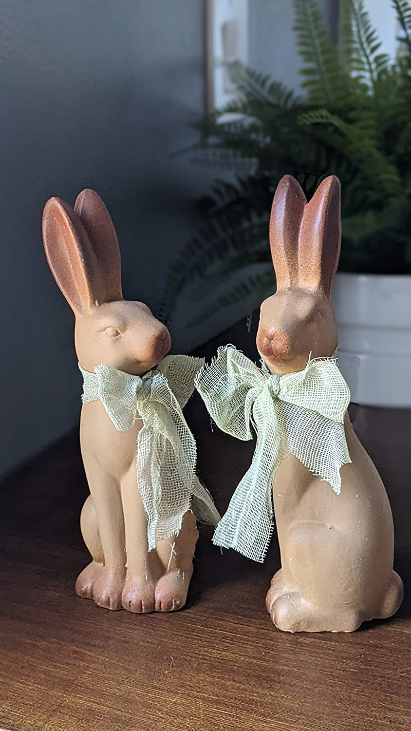 Set of 2 Rustic Terracotta Bunny Rabbit Spring Figurines Tabletop