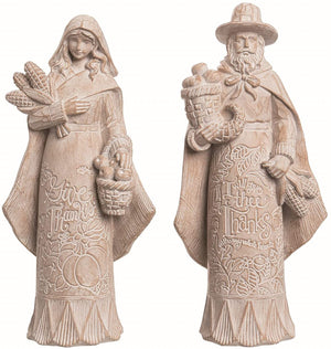 Set of 2 8.5-Inch Elegant White Washed Beige Carved Pilgrim Thanksgiving Figurines with Fall Sayings
