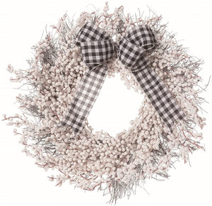 Orchid & Ivy 22-Inch Rustic White Berry Christmas Holiday Front Door Wreath with Black and White Buffalo Plaid Bow