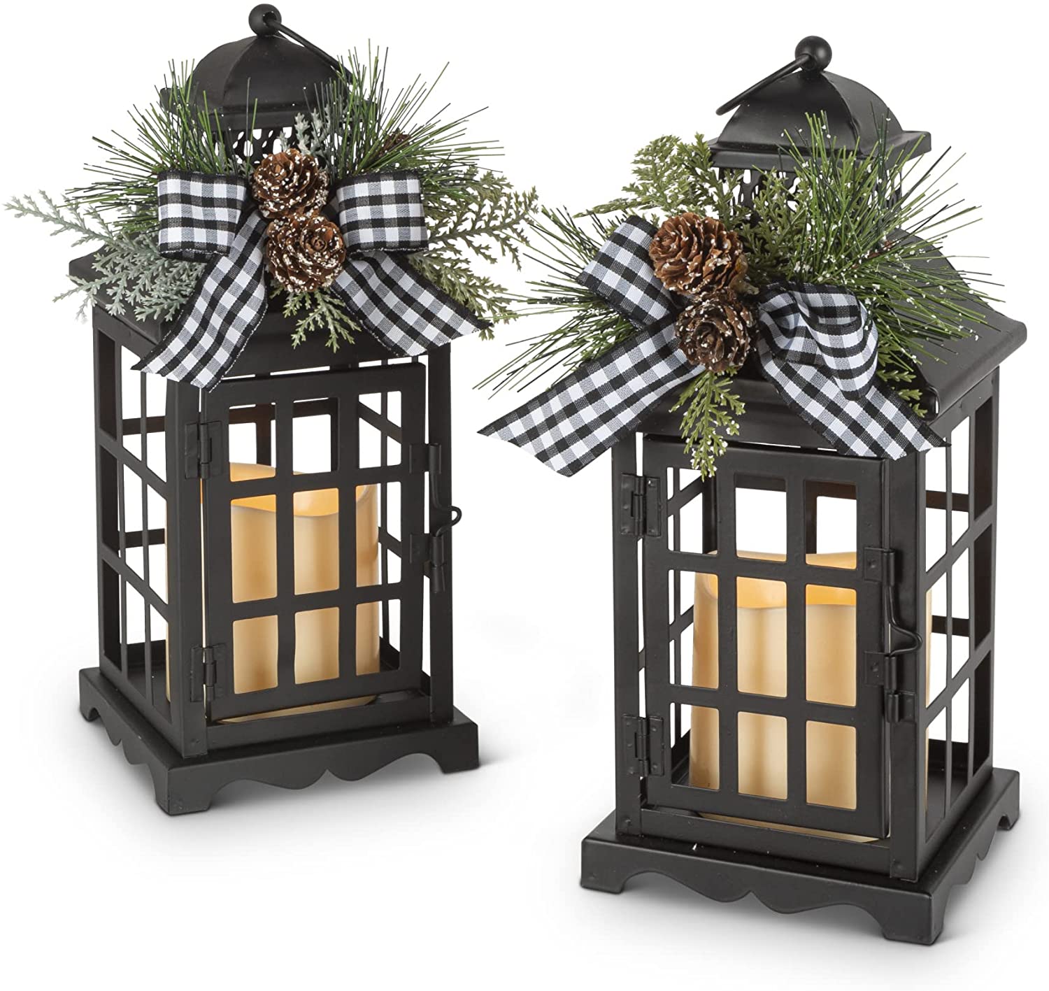 Set of 2 10.5-Inch Rustic Black Metal Christmas Holiday Lanterns w/  Flameless LED Candle, Pinecones, Greenery, Plaid Bow – Decorative Country