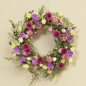 24-Inch Mixed Pink, Yellow, Purple Flower Wreath with Speckled Easter Egg Accents - Spring Front Door Decoration - Indoor Outdoor Hanging Home Decor
