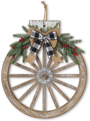 Orchid & Ivy 18-Inch Rustic Wood and Metal Holiday Wagon Wheel Ornament Front Door Wreath with Pine and Bow Accents - Country Christmas Decoration - Farmhouse Winter Wall Decor