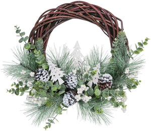 20-Inch Rustic Christmas Twig Wreath with Snowy Greenery, White Berries, Tree Ornaments, and Pinecone Accents – Farmhouse Winter Front Door Decoration – Indoor Outdoor Hanging Holiday Home Decor