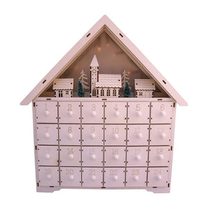 LED Lighted White Wooden Bavarian Village Scene Advent Calendar - Christmas Decoration with 24 Storage Drawers