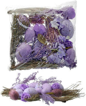 Lavender Easter Basket Bowl Filler with 8 Purple Eggs, Flowers, Grasses - Party Table Decoration - Spring Home Decor