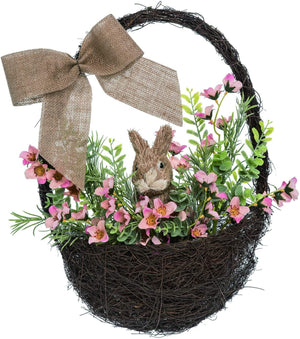 Rustic 19-Inch Twig Sisal Bunny Basket Wreath with Pink Flowers and Burlap Bow – Easter Front Door Decoration – Indoor Outdoor Spring Wall Art Home Decor