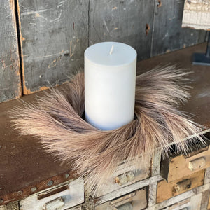 12-Inch Decorative Tawny Taupe Faux Plume Grass Candle Ring - Small Dried Wreath Farmhouse Home Decor w/ 4-Inch Center for Pillars - Tabletop, Door, Wall Art Fall & Summer Decoration