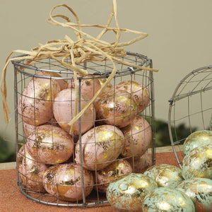Set of 20 3-Inch Gold Marbled Pink Easter Eggs in Wire Container with Raffia Bow - Easter Party Table Decoration - Spring Home Decor