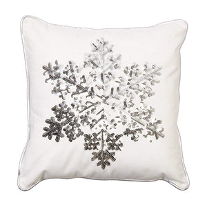 White Christmas Throw Pillow with Silver Sequin Snowflake - Decorative Holiday Accent Pillow