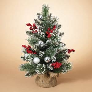 24-Inch Snowy Artificial Faux Pine Mini Tabletop Christmas Tree w/ Red Berries and Silver & White Ball Ornaments – Small Decorative Indoor Decoration – Winter Xmas Mantel Home Decor
