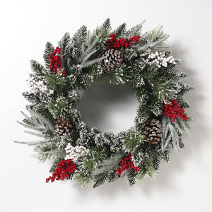 24-Inch Snowy Frosted Faux Pine Front Door Wreath with Pinecones, White and Red Berries – Decorative Rustic Country Christmas Wall Art Decoration - Winter Xmas Farmhouse Home Decor