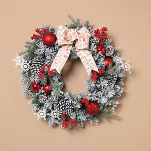 Flocked Snowy Pine Wreath with Red Berries, Ornaments and Holiday Ribbon - Hanging Christmas Decoration