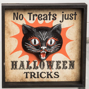 Spooky Vintage Wooden No Treats Halloween Tricks Tabletop Block Sign with 3D Black Cat