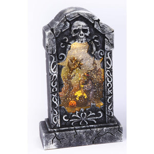 Spooky Light Up Animated Tombstone Water Globe with Spinning Halloween Figures – Tabletop Halloween Decoration (Witch