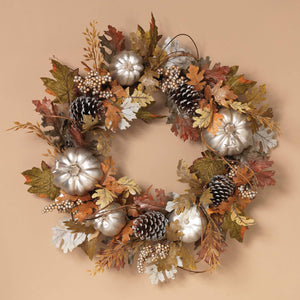 24-Inch Traditional Silver Harvest Pumpkin and Pinecone Autumn Wreath - Hanging Fall Decoration