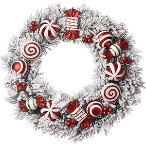 Flocked Red and White Peppermint Candy Christmas Wreath with Snowy Greenery - Hanging Holiday Decoration